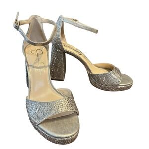 Jessica Simpson Kaliah Champagne Rhinestone Platform Block Heel Sandal Sz 9 NWOB